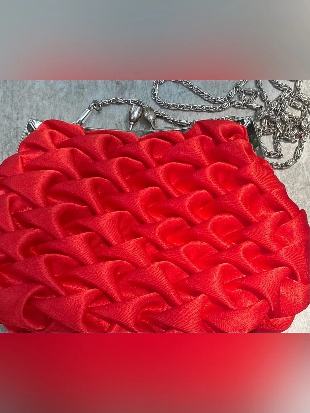 Red Satin Quilted Evening Purse with a Long Silver Chain and Shorter Chain
